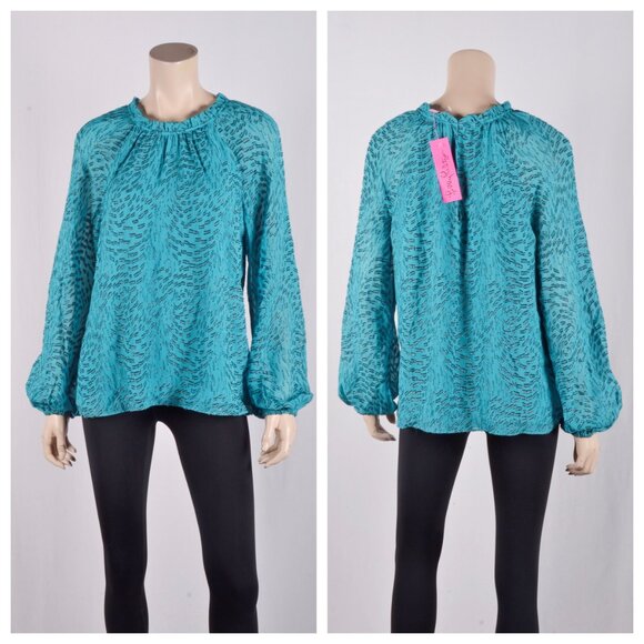 Lilly Pulitzer Caline Metallic Silk Top Teal Bay Silk Swirl Clip - Picture 3 of 4